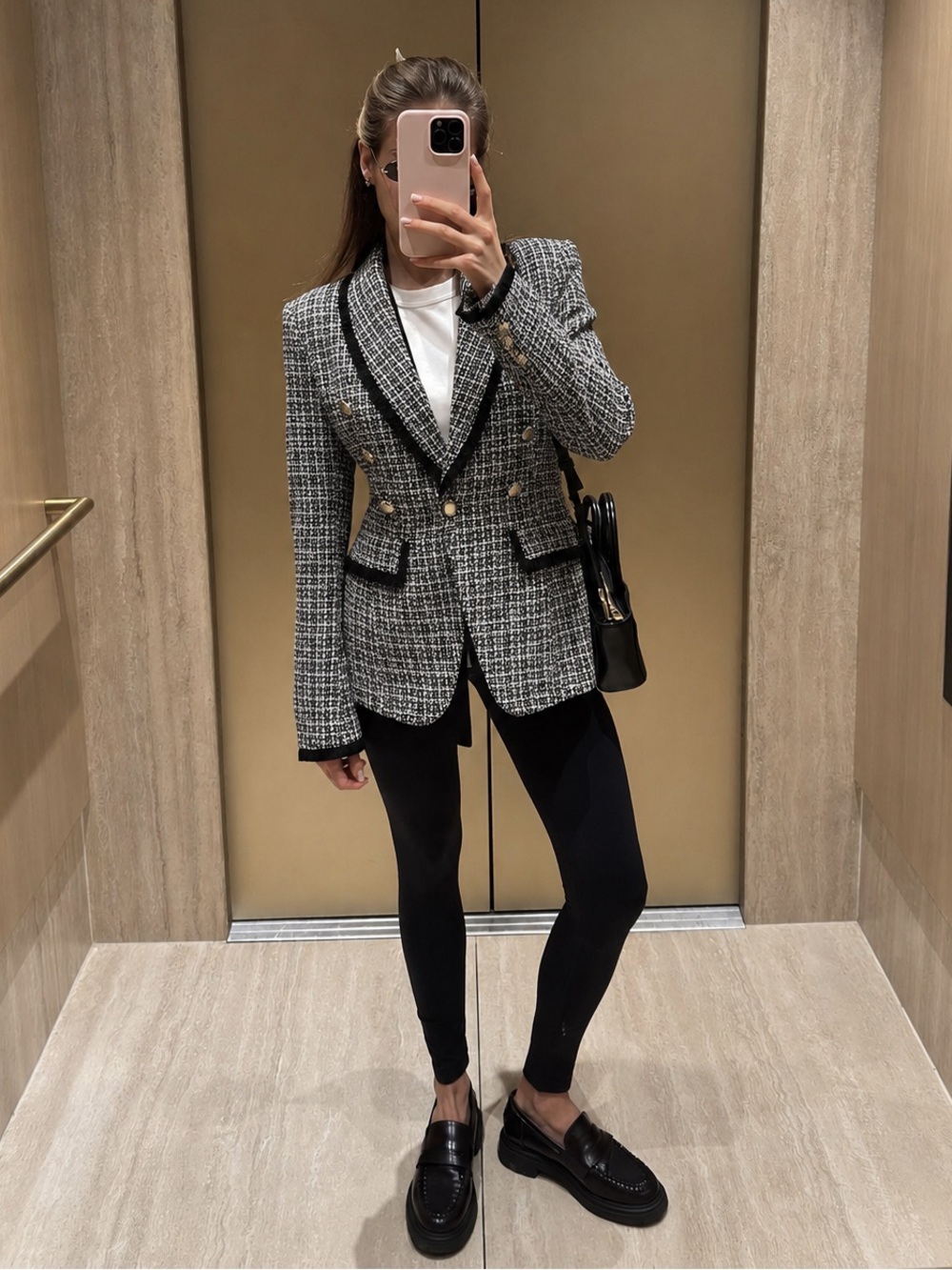 SHEIN Black White Tweed Double Breasted Gold Button Blazer Size L